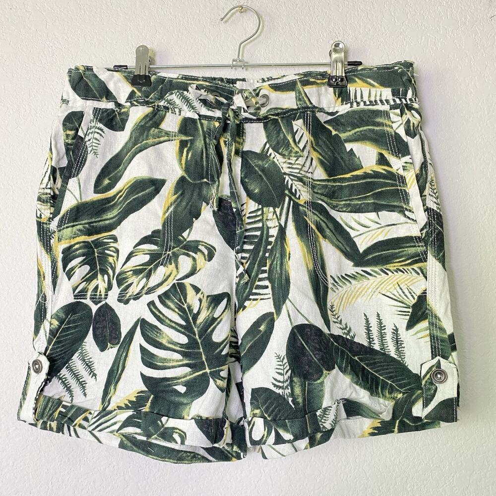 Per Se Green Tropical Linen Blend Shorts Medium Resort Vacation Beach Hawaiian